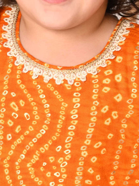 Girl's Yellow Bandhni Print Kurta And Patiala Set