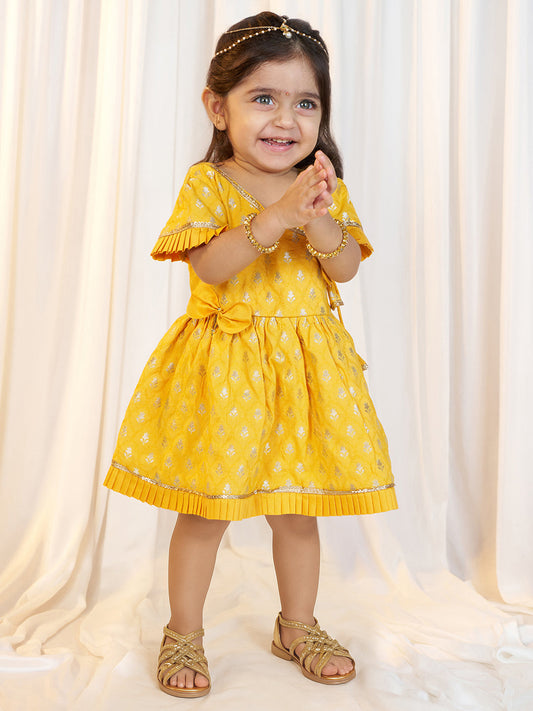 Girls Mustard Viscose Jacquard Dress Set with Floral Pattern