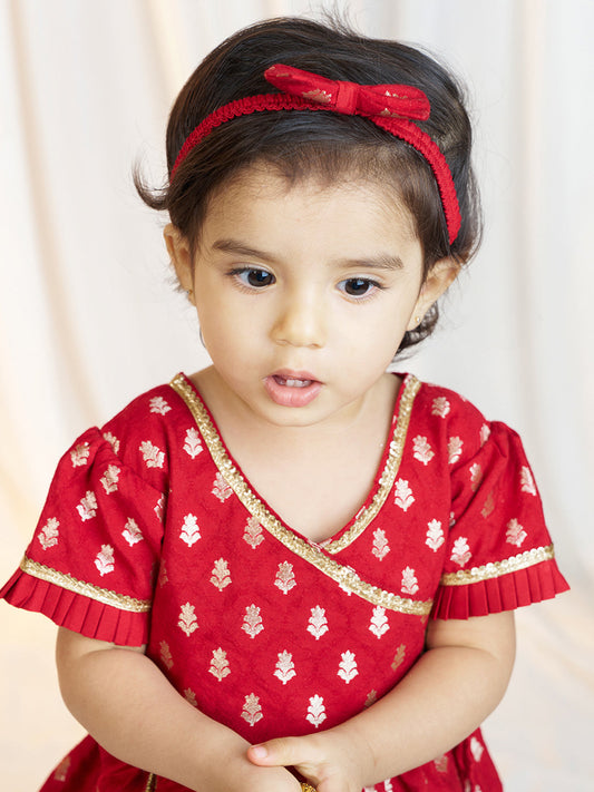 Girls Red Viscose Jacquard Ethnic Set with Floral Pattern