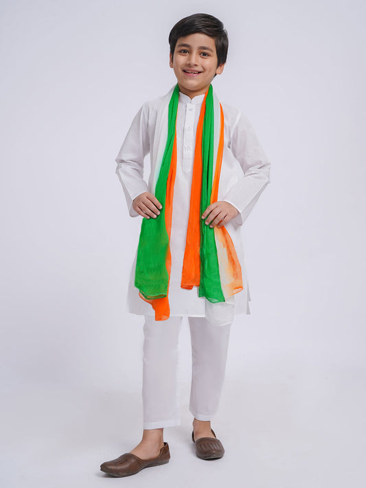 Boy's' White Pure Cotton Kurta, Pyjama & Dupatta Set