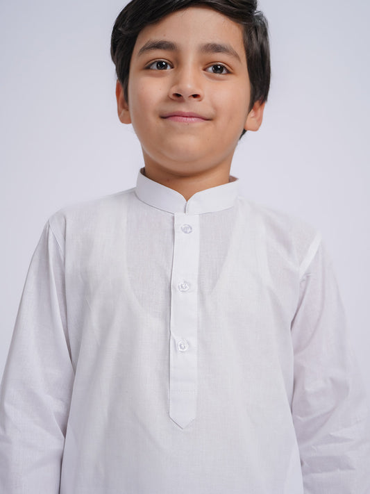 Boy's' White Pure Cotton Kurta, Pyjama & Dupatta Set