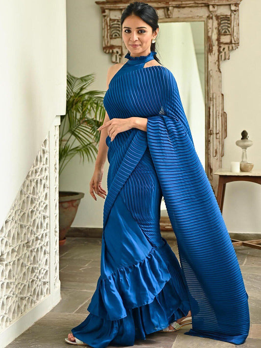 Lavanya The Label Blue Satin Fusion Saree