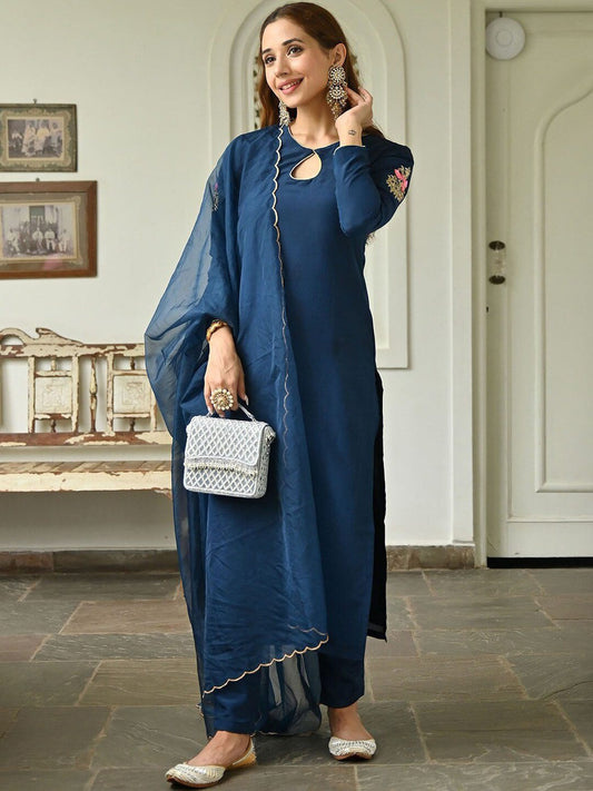 Floral Embroidered Kurta with Trousers & Dupatta