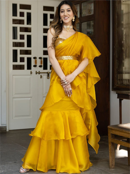 Lavanya The Label Mustard & Gold-Toned Sequinned Organza Ready to Wear Saree