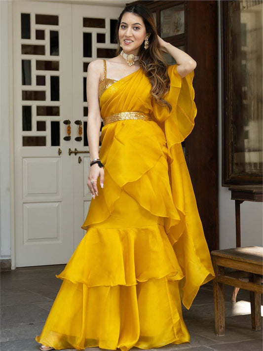 Lavanya The Label Mustard & Gold-Toned Sequinned Organza Ready to Wear Saree
