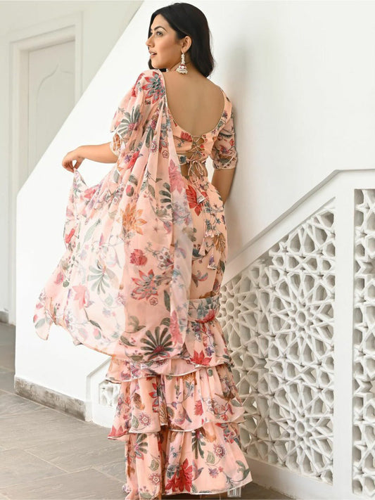 Lavanya The Label Peach-Coloured Floral Printed Ready To Wear Ruffle Saree