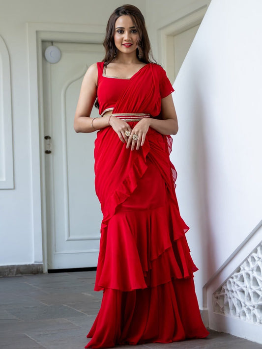 Lavanya The Label Red Pure Georgette Ruffles Saree