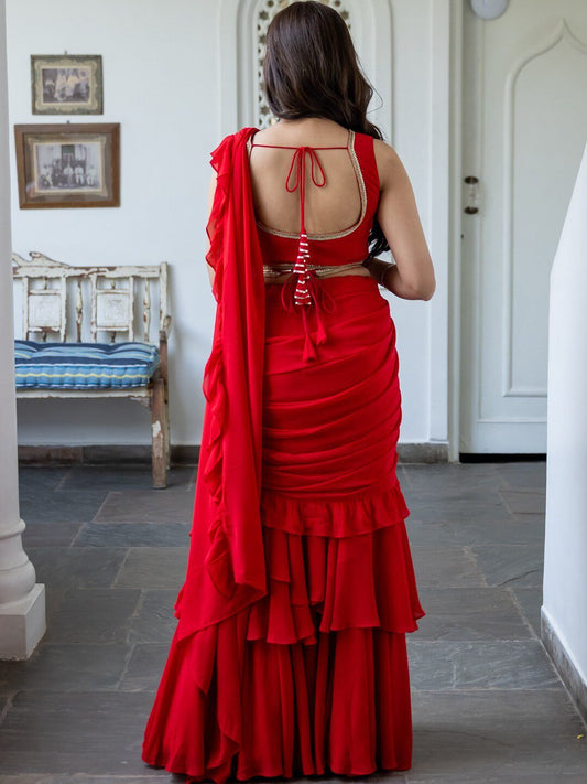 Lavanya The Label Red Pure Georgette Ruffles Saree