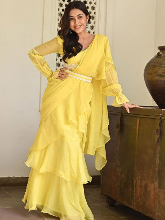 Lavanya The Label Yellow Solid Ruffles Saree