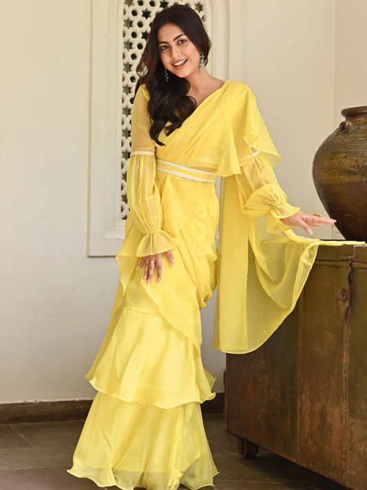 Lavanya The Label Yellow Solid Ruffles Saree