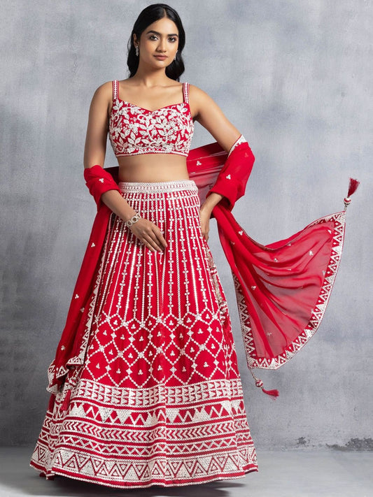 Awesome Red Thread Embroidered Georgette Wedding Lehenga Choli