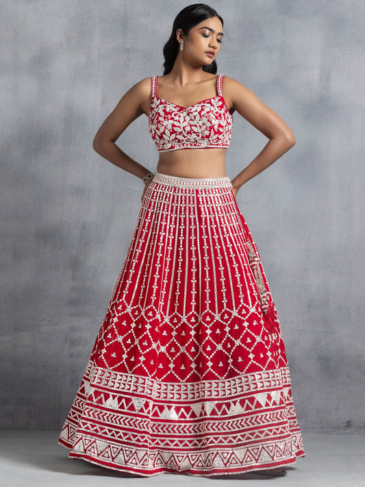 Awesome Red Thread Embroidered Georgette Wedding Lehenga Choli