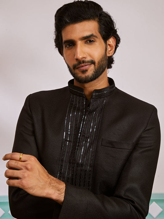 Men's black jute jodhpuri suit, view 3