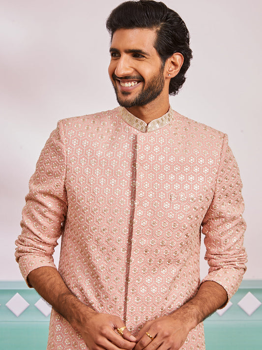 Men's Peach Rayon Indo Western And Pyjama & Dupatta Set