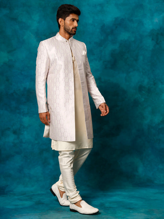 Men's purple imported jacquard indo-western with kurta pyjama set