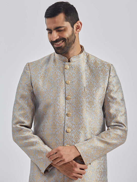 Men's Rose Gold And Gray Viscose Sherwani Set