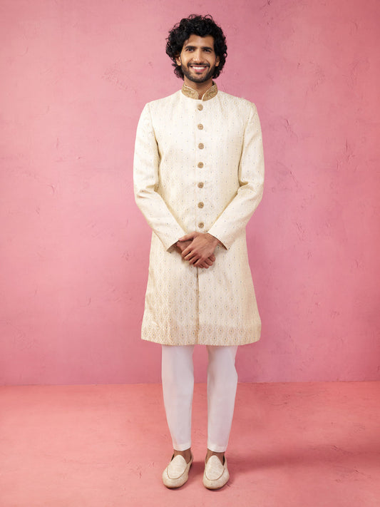 Men's Beige Sherwani Set with Cream Pyjama
