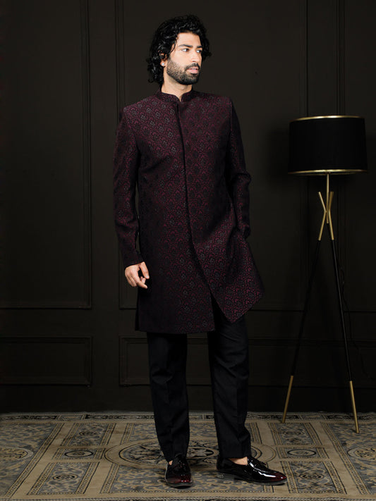 Men's wine silk blend sherwani set, view 3