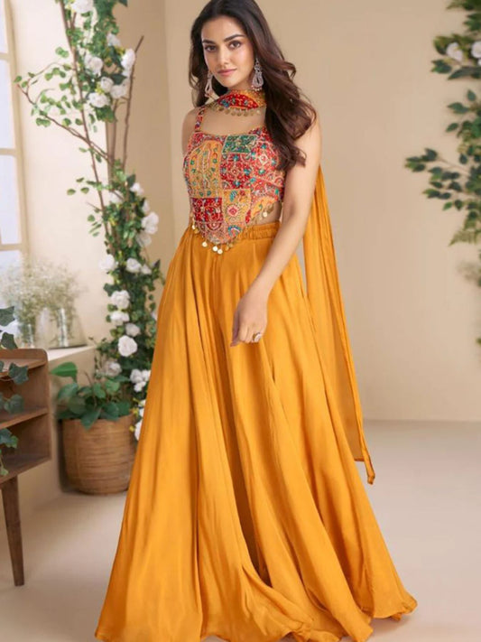Mustard Silk Embroidered Choli Palazzo Set With Dupatta