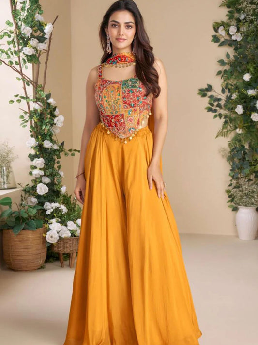 Mustard Silk Embroidered Choli Palazzo Set With Dupatta