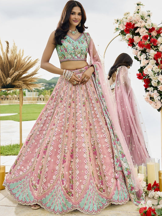 Pink- Tissue Fabric Sequins embroidery Semi-Stitched Lehenga & Unstitched Blouse With Dupatta
