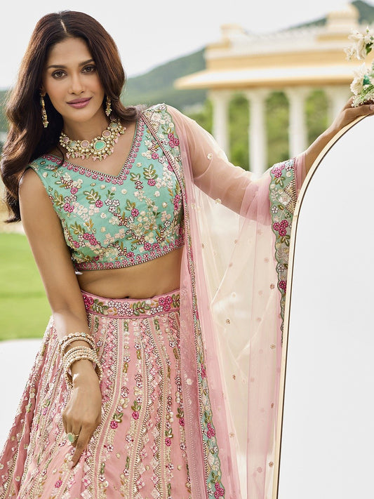 Pink- Tissue Fabric Sequins embroidery Semi-Stitched Lehenga & Unstitched Blouse With Dupatta