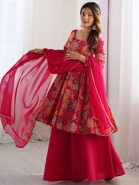 Attractive Rani Pink Floral Printed Silk Festival Wear Palazzo Suit
