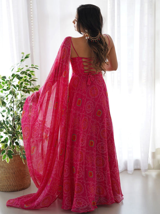 Pretty Pink Bandhani Printed Chiffon Festival Wear Gown With Dupatta