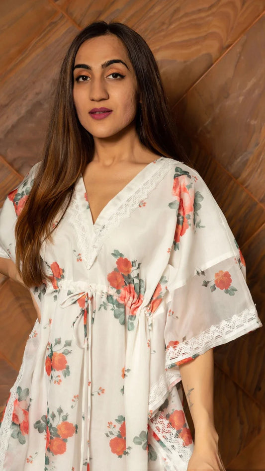 WHITE AND RED ORGANZA KAFTAN DRESS