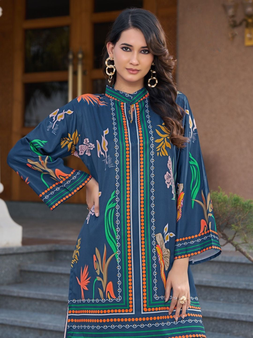 Printed Premium Satin Teal Co-ord Set