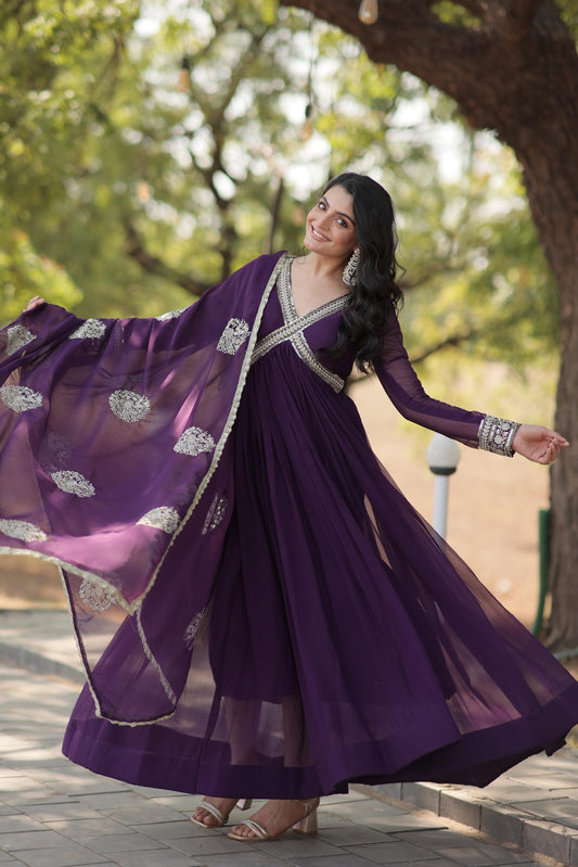 Premium Purple Readmade Alia Cut Gown with Dupatta Set