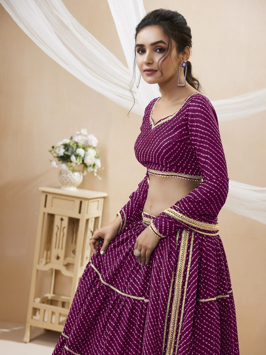 Purple Georgette Leheriya Printed Lehenga With Lace Work
