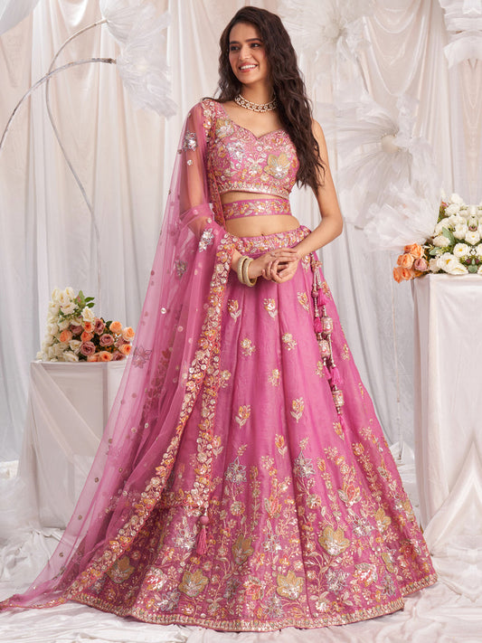 Pink - Organza Patch Embroidered Semi-Stitched Lehenga Choli
