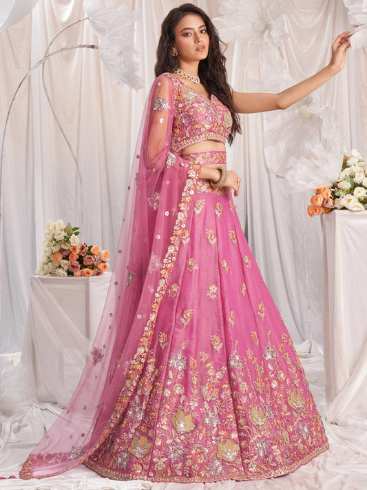 Pink - Organza Patch Embroidered Semi-Stitched Lehenga Choli