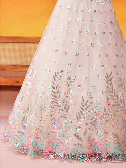 CREAM - Net Fabric Sequins Thread & Embroidery Semi-Stitched Lehenga & Unstitched Blouse With Dupatta