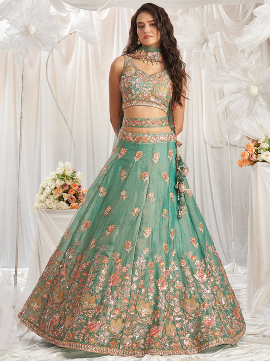 Limegreen - Organza Patch Embroidered Semi-Stitched Lehenga Choli