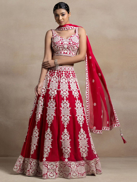 Attractive Red Thread Work Georgette Sangeet Wear Lehenga Choli