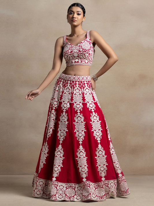 Attractive Red Thread Work Georgette Sangeet Wear Lehenga Choli