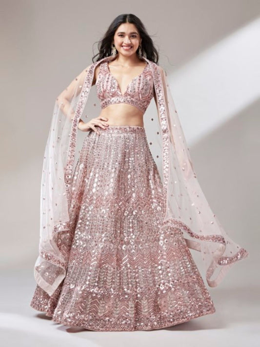 Rose Gold Net Mirror & Sequins embroidery Semi-Stitched Lehenga choli & Dupatta