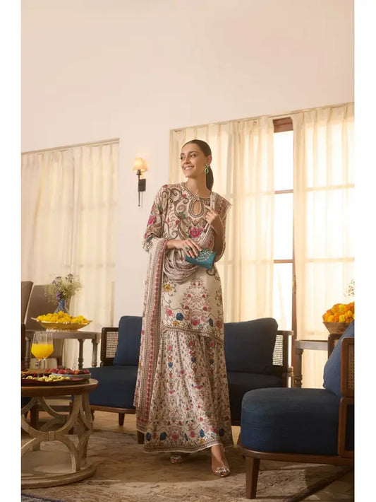 Champagne Gold Printed Crepe Silk Sharara Set