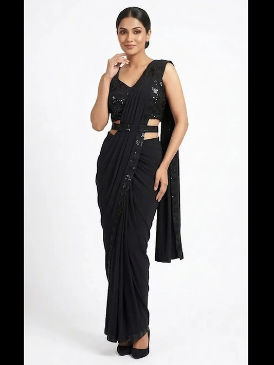 Embellished Solid Plain Striped Pre Draped Saree Lycra Saree Black