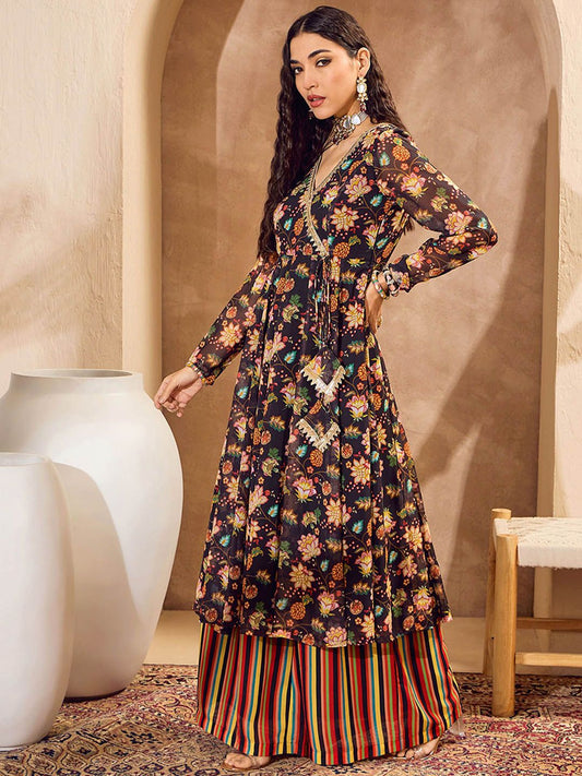 Alia Cut Floral Printed Angrakha Gotta Patti Anarkali Kurta with Palazzo