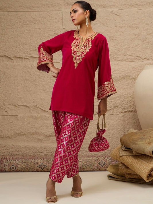 Ethnic Motifs Embroidered Thread Work Velvet Kurta With Trousers