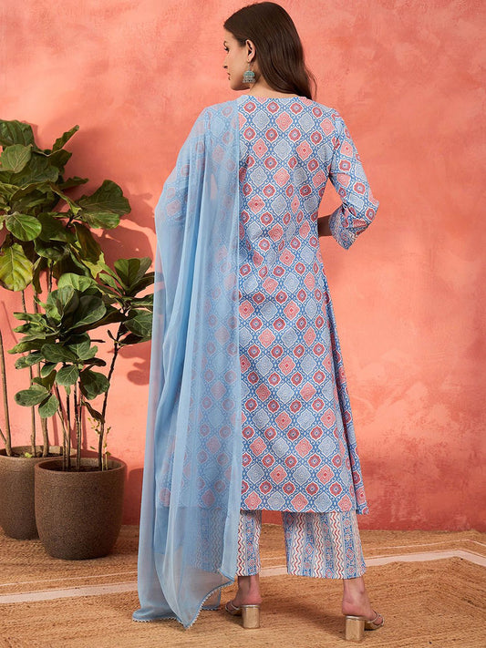 Ethnic Motifs Printed Pleated Pure Cotton Kurta With Palazzos & Dupatta