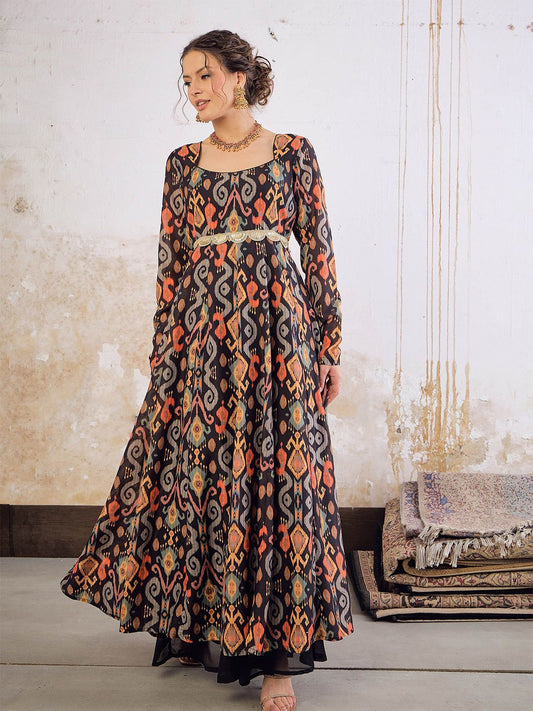 Ethnic Motifs Printed Square Neck Empire Sequinned Ikkat Anarkali Kurta