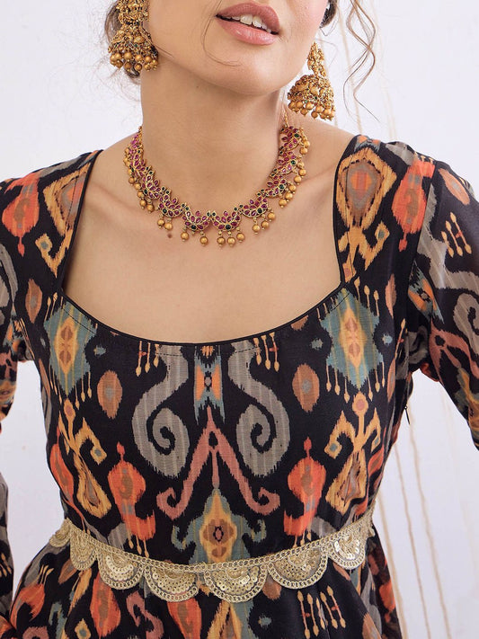Ethnic Motifs Printed Square Neck Empire Sequinned Ikkat Anarkali Kurta