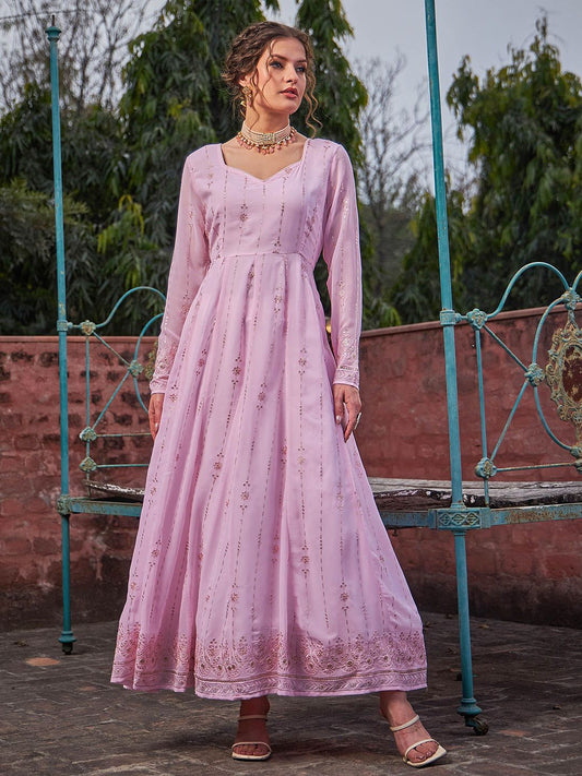 Floral Embellished Sweetheart Neck Empire Sequinned Anarkali Kurta