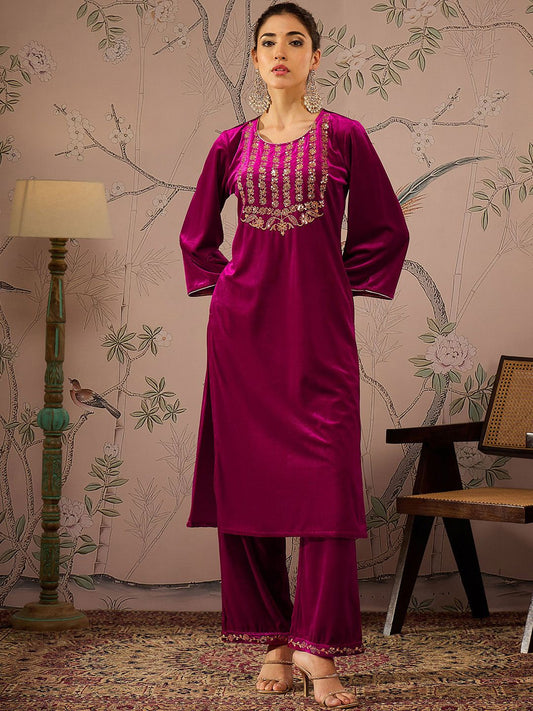Floral Embroidered Round Neck Three-Quarter Sleeves Regular Velvet Kurta