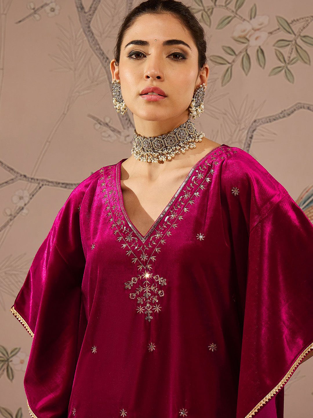 Floral Embroidered Thread Work Velvet Kaftan Kurta With Trousers