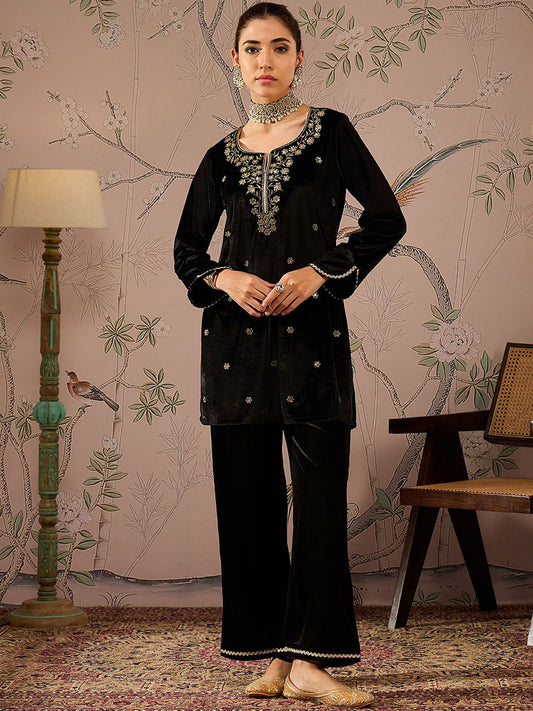 Floral Embroidered Thread Work Velvet Kurti With Trousers